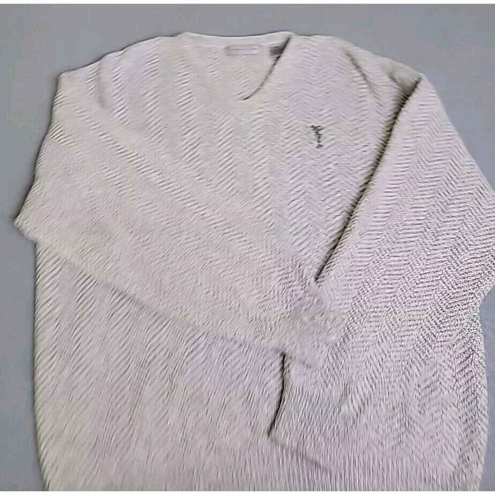 Vtg Cypress Links V Neck Sweater Mens L White Gray Knit Cotton Blend Golf Dad